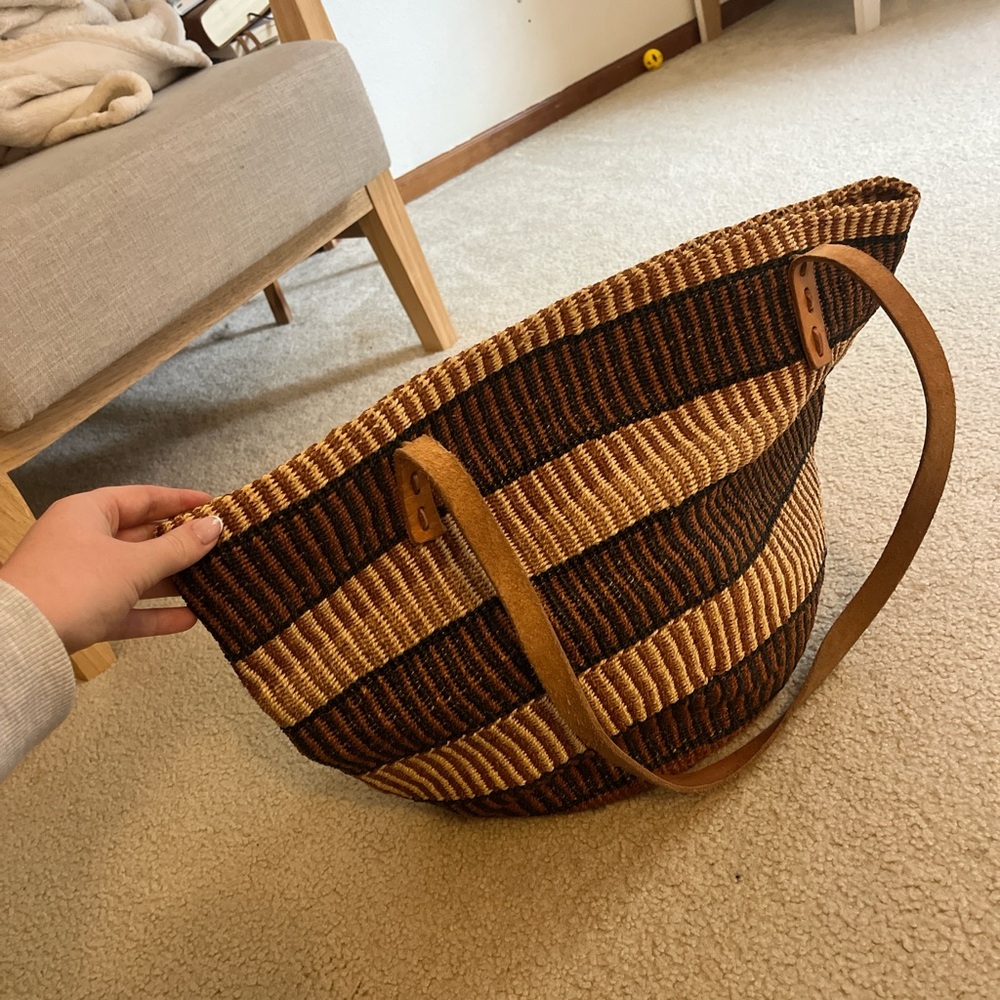 Striped Brown and Tan Woven Tote Bag